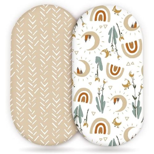 GRSSDER Stretchy Ultra Soft Fitted Bassinet Sheets Set 2 Pack, Cradle Sheet Universal Fit for Rectangle, Oval, or Hourglass Bassinet Pad/Mattress Safe and Snug, Stylish Cute Rainbow Print for Baby