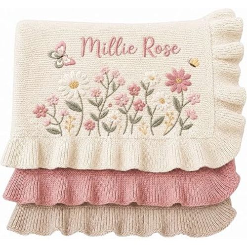 Custom Knit Baby Blanket, Embroidered Name Nursery Blanket, Newborn, Cotton Knit Stroller Blanket, Personalized Baby Knit Blanket Gifts04