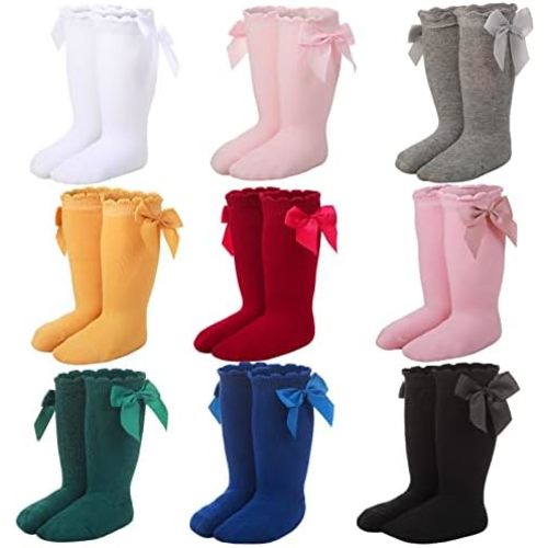 9 Pairs Baby Knee High Socks with Bow Knit Toddler Girl Dress Socks Cotton Tube Long Socks for Baby Newborn Infant, 9 Colors