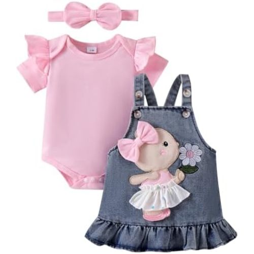Baby Girl Clothes Newborn Baby Girl Romper Ruffle Short Sleeve Cute Bear Cartoon Jeans Skirt Outfit Set 0-18 Months