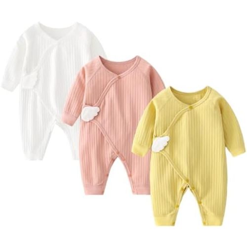 Newborn Baby Romper - Unisex Cotton Bodysuit for Infant Baby Boys Girls 3 Pack Long Sleeve Button Solid Jumpsuits