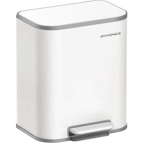 SONGMICS Kitchen Trash Can, 5.2-Gallon (20L) Garbage Can with Lid, Stainless Steel, Soft Close and Stays Open, Inner Bucket, Wide Non-Slip Pedal, Cloud White ULTB542W20
