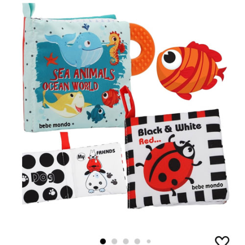 High Contrast Baby Books, Black and White Cloth Crinkle Books for Babies Infant Toys 0-3-6-12-18 Months, Shower Baby Gifts, Teething Teether Sensory Toy for Boys Girls, Fish, 2PCS