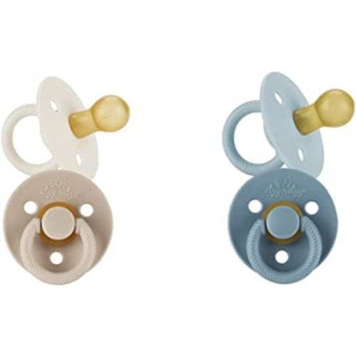 Itzy Ritzy Set of 2 Natural Rubber Newborn Pacifiers for Ages 0-6 Months with Cherry-Shaped Nipple in Harbor & Coast and Coconut & Toast