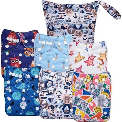 ALVA 6 Pack Cloth Diaper with 12 Inserts One Size Adjustable Washable Reusable Diaper Cover for Baby Girls and Boys