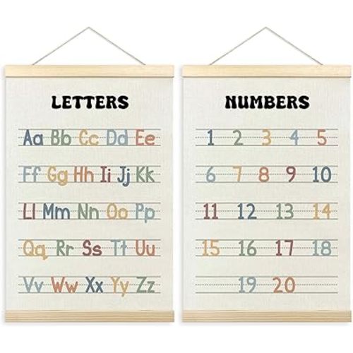 TLESKE Alphabet ABC Numbers Chart Poster Hanger Frame for Toddler Kid Classroom Set of 2, Homeschool Hanging Wall Art Decor for Nursery Playroom, Preschool Prek Learning Educational Poster, 16x24
