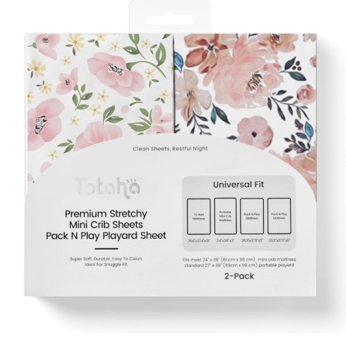 Graco Pack and Play Sheets Fitted, TotAha Buttery Soft Mini Crib Sheets Girl, Floral Pack N Play Mattress Sheets Hypoallergenic, Premium Jersey Playrad Sheets, Meredith Allover & Pale Pink, 2 Pack
