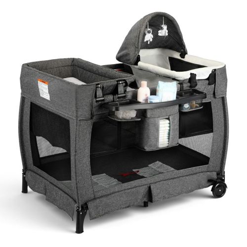 Kinder King 4-in-1 Convertible Baby Playard with Bassinet, Diaper Changer, Cradle&Bedside Sleeper, Breathable Mesh, Storage Organizer&Lockable Wheels