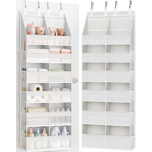 Over the Door Organizer, Extra Large 12 Compartments Closet Hanging Storage with 14 Mesh Pockets, 85lbs Capacity Behind the Door Storage for Baby Nursery, Bathroom, Bedroom, and Dorm, White