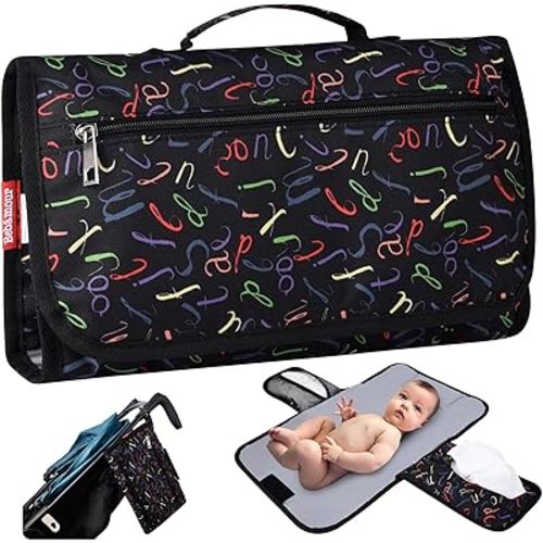 Bebamour Portable Changing Pads for Newborn Boys and Girls, Nappy Changing Mat Travel Baby Change Mat with Wipe-Pocket (Black)