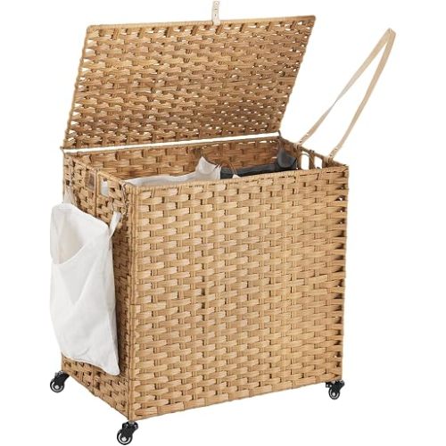 Laundry Hamper with Wheels, 39.6 Gallon(150L) Rolling Laundry Basket with Lid, Removable Large 2 Color Liners & 3 Mesh Laundry Bags, Clothes Hamper with Side Pocket, Natural