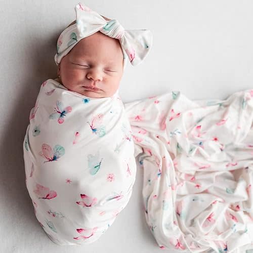 Luxury Rayon from Bamboo Headband & Baby Swaddle for Newborns 0-3 Months, Little Butterfly Newborn Swaddle Blanket for Baby Girls, Hypoallergenic, Breathable & Buttery Soft