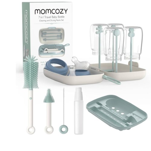 Momcozy Bottle Brush Set - Baby Bottle Cleaner Kit with Silicone Brush, Nipple Brush, Straw Brush, Soap Dispenser, Drying Rack - 7 in 1 Bottle Cleaning Tool for Home and Travel