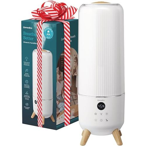 Homedics Ultrasonic Humidifier - Large Deluxe Air Humidifiers for Bedroom, Plants, Office - Top-Fill 1.47-Gallon Tank, Cool Mist, Essential Oil Pads and Built-In Timer, 3 Speed Settings, White