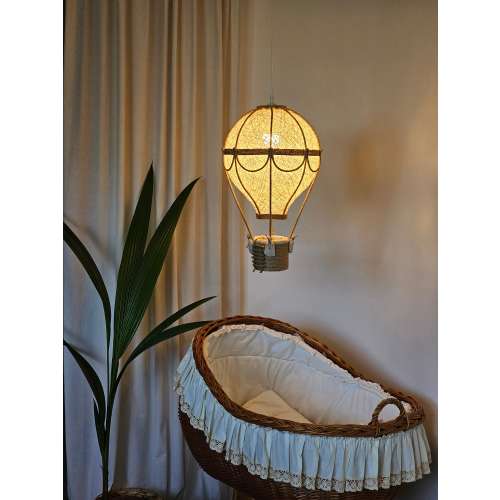 Hot air balloon nursery light, Baby nursery lamp natural linen and jute color, Room travel theme, Baby room hand made ceiling night light