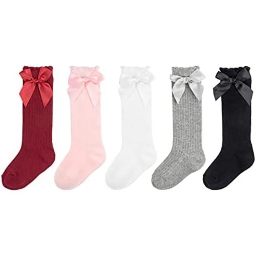 5 Pairs Baby Knee High Socks Kids Long Boot Socks with Bow Cotton Knit Stocking Toddler Dress Socks for Boys Girls