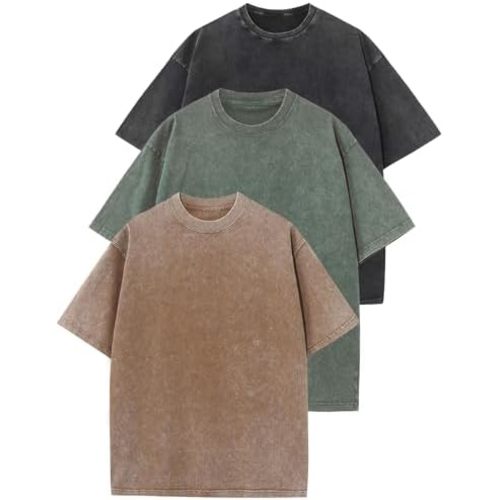 Flygo 3 Pack Men Oversized T Shirts Acid Washed Unisex Tee Loose Fit Short Sleeve Casual Streetwear Baggy Basic Tops