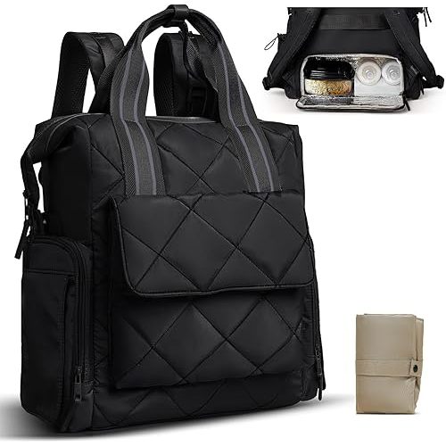 Diaper Bag Backpack Quilted Baby Diaper Bag Pañaleras Para Bebe Breast Pump Backpack for Working Moms with 11 Pouches,Large Insulated Cooler Compartment,Stroller Straps,Changing Pad,Black
