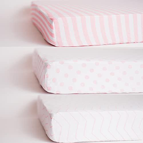 NODNAL CO. 3 Fitted Crib Sheets Pink Set for Baby Girl - 100% Oeko-TEX Cotton Nursery Bedding - Pink/White Chevron, Polka Dot, and Stripe - for Standard Baby or Toddler Crib Mattress 28x52x9 Sheet