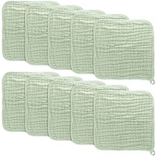 Baby Washcloths, Muslin Cotton Baby Towels, Large 10”x10” Wash Cloths Soft on Sensitive Skin, Absorbent for Boys & Girls, Newborn Baby & Toddlers Essentials Shower Registry Gift (Sage, Pack of 10)