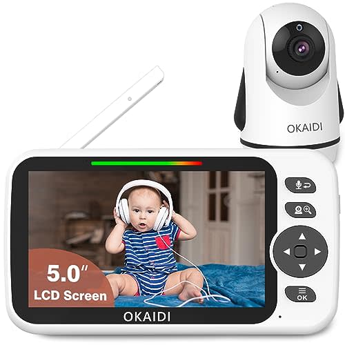 OKAIDI Video Baby Monitor with Camera and Audio, 5" Display Baby Monitor No WiFi, 30H Battery and 1000ft Range Baby Monitor, Remote Pan-Tilt-Zoom Baby Camera, Night Vision, 2-Way Talk, VOX,Temperature