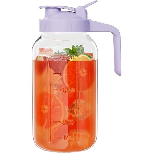 Glass Mason Jar Pitcher, 64 oz Wide Mouth Jug with Pour Spout Handle Lid for Cold Brew Coffee, Ice Beverage, Iced Juice, Lemonade, Sun Tea, Fruit Drinks Container(Purple)