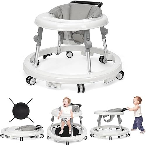 Baby Walker Foldable with 9 Adjustable Heights, Baby Walkers and Activity Center for Boys Girls Babies 7-18 Months, Baby Walker and Bouncer Combo with Wheels Portable Anti-Rollover