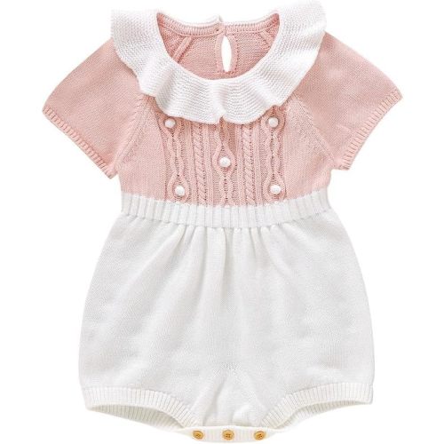 Baby Girl Romper Ruffle Neck Short Sleeve Pompoms Knit Rompers Newborn Infant Jumpsuit Summer Outfits Clothes