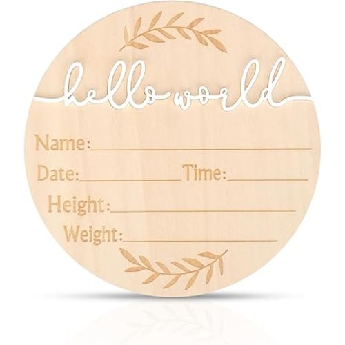 Baby Announcement Sign, 5.9 Inch Wooden Hello World Baby Name Plaque, Newborn Welcome Sign, Birth Announcement Sign for Hospital Photo Prop Home Decorations