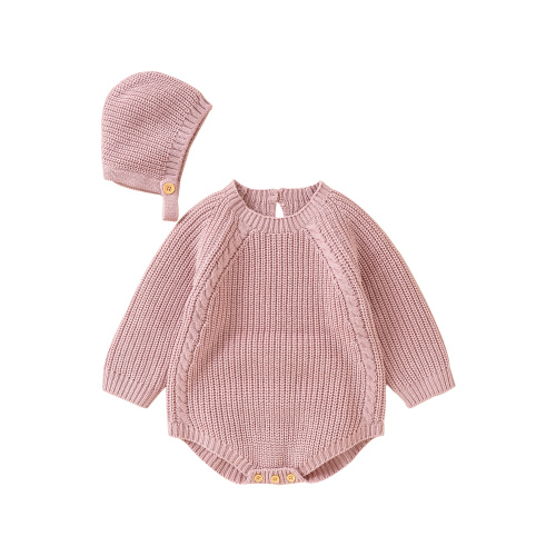 Nituyy Toddler Baby Girls Knit Sweatshirt Romper Long Sleeve Crew Neck Solid Romper Fall Winter Hat Jumpsuit