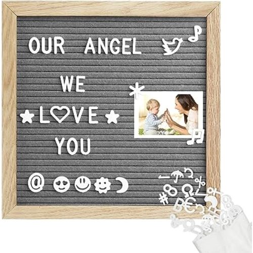 Grey Felt Letter Board with 350 Changeable Letters and Stand, Oak Frame, 10x10”