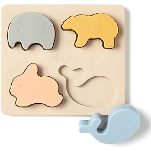 Ali+Oli Baby Soft Silicone Animal Puzzle Toys for Toddlers (4 Piece Set) Toddler or Baby Girl & Boy Neutral Baby Toys - Montessori Learning Puzzle Silicone Animals Shape Sorter Toy