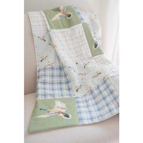 Baby Boy Crib Quilt, Duck Hunting, Organic Cotton, Plaid, Green and Blue, Comforter