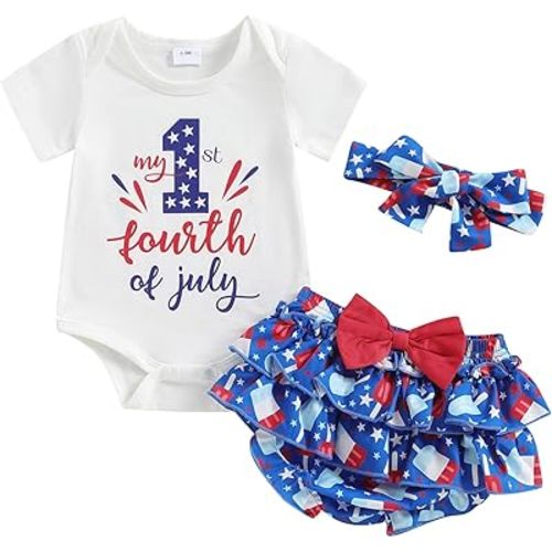 BeQeuewll Infant Newborn Baby Girl 4th of July Outfits Letter Romper Tutu Bloomers Shorts Set Independence Day Summer Clothes