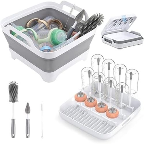 Collapsible Wash Basin for Baby Bottles with Drying Rack – 2.4 Gallon Foldable Dish Tub with Handles, Portable RV Camping Sink & Space-Saving Wash Bin with Lid for Kitchen, Travel & Outdoor