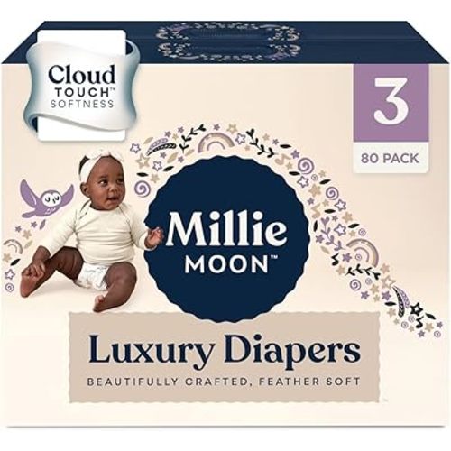Millie Moon Luxury Diapers - Size 3 (13-24lbs), 80 Count, CloudTouch Ultra Soft Diapers, Up to 12hr Absorbency, Double Leak Guard and Wetness Indicator