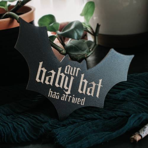 Gothic Baby Bat Announcement Photo Prop - Dark Nursery Decor - Unique Baby Is Here Sign - Handcrafted Wood