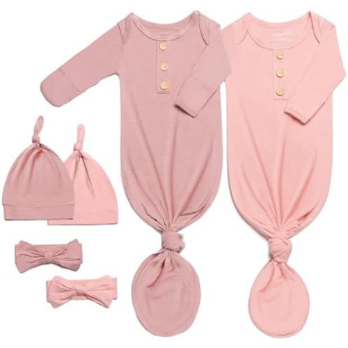 Baby Noah Newborn Knotted Gown Set with Hat and Headband - Buttery Soft Tie Bottom Gown for Baby's Sweet Dreams (2 Packs)