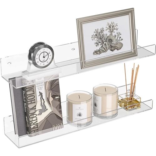 18'' Clear Acrylic Bookshelf 2 Pack, Acrylic Floating Book Shelves, Wall Mounting Invisible Ledge Book Shelf - 18 Inch