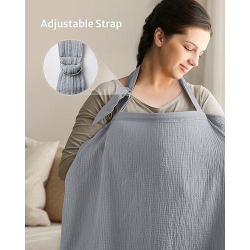 Blissful Diary Muslin Nursing Cover for Breastfeeding, Breathable Breastfeeding Cover up with Arch Neckline for Women, Nursing Apron (Light Grey)