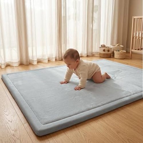 ACOMOPACK Baby Play Mat for Floor,1.3" Thick Elasti-Foam 59"×71" Non-Slip Water Repellent,Non-Toxic Playpen Mat for Infants Toddlers Kids, Ultra Soft Coral Velvet for Tummy Time Crawling(Light Grey)
