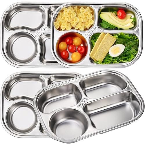 DEAYOU 4 Pack 18/10 Stainless Steel Divided Plate, Small Child Plate with 4-Compartment, Portion Control Serving Platter, Mess Food Sectioned Tray for Dinner, Lunch, Cafeteria, Kids, Adult