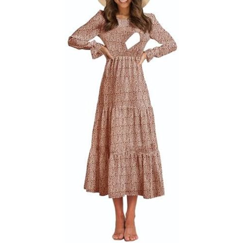Women's Nursing Dress Flounces Long Sleeve Crew Neck Smocked Bodice Ruched Elastic Waist Tiered Midi with Pockets