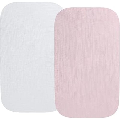 Muslin Bassinet Sheet Compatible with Baby Delight Beside Me Dreamer Bassinet, 2 Pack Cotton Stylish Boho Fitted Bassinet Sheets Super Soft for Baby White & Pink