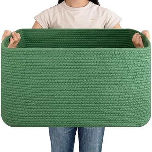 OIAHOMY 75L Large Blanket Basket, Woven Cotton Rope Baskets for Organizing 22”x17”x12”, Blanket Basket living Room, Toy Storage Bins for Nursery, Green