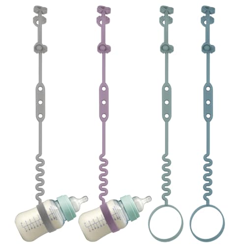 Baby Bottle and Sippy Cup Straps - Adjustable Straps Attach with Strollers, High Chair, Shopping Cart - Food Grade Silicone - Dishwasher Safe (4 Packs, Color 1)