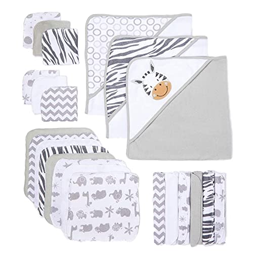Spasilk 23-Piece Soft Terry Hooded Bath Towel and Washcloth Gift Set, 3 Baby Towels and 20 Baby Washcloths for Newborn Boys and Girls, Baby Bath Essentials, Ideal, White Zebra