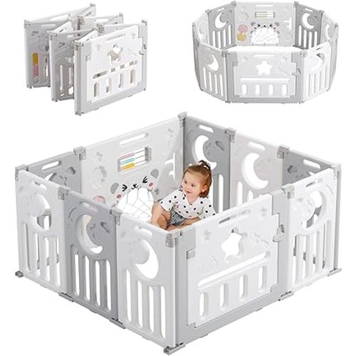 Baby Playpen, Dripex Foldable Playpen for Babies and Toddlers, Custom Shape Baby Fence, Safety Play Yard with Gate, Portable Play Area for Indoor or Outdoor, Grey White,10 Panel
