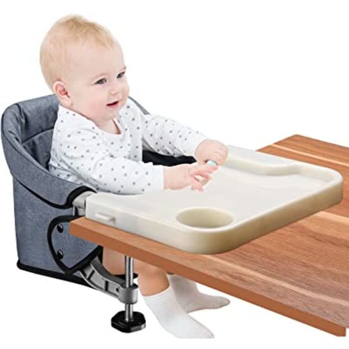 Hook On High Chair with Removable Dining Tray,Folding Portable Clip on Table High Chair,Baby Chair with Storage Bag for Indoor/Outdoor (Grey)