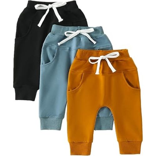 Toddler Baby Boy Fall Pants 3 Pack Active Jogger Casual Athletic Trousers Solid Color Pocket Elastic Waist Harem Bottoms